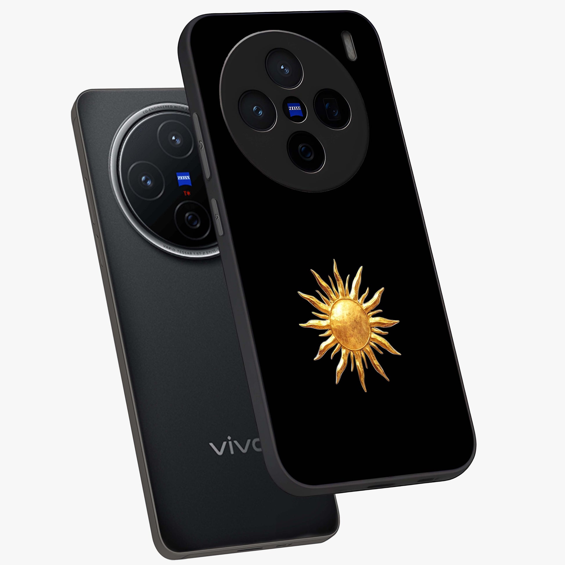 Golden Sun Minimalism Glass Case displayed in angled mockup highlighting eerie shadow illustration with gothic aesthetic.