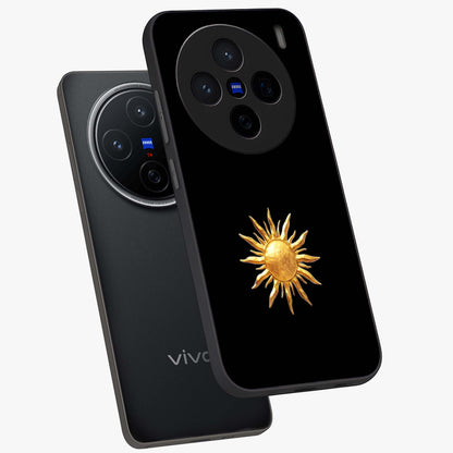 Golden Sun Minimalism Glass Case displayed in angled mockup highlighting eerie shadow illustration with gothic aesthetic.