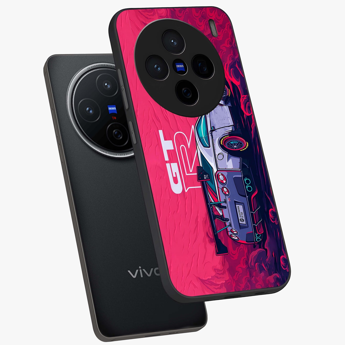 GT-R Car Pattern Glass Case displayed in angled mockup highlighting racing car graphic design with bold automotive aesthetic.