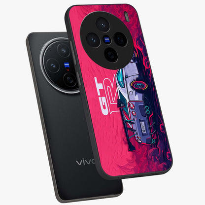 GT-R Car Pattern Glass Case displayed in angled mockup highlighting racing car graphic design with bold automotive aesthetic.