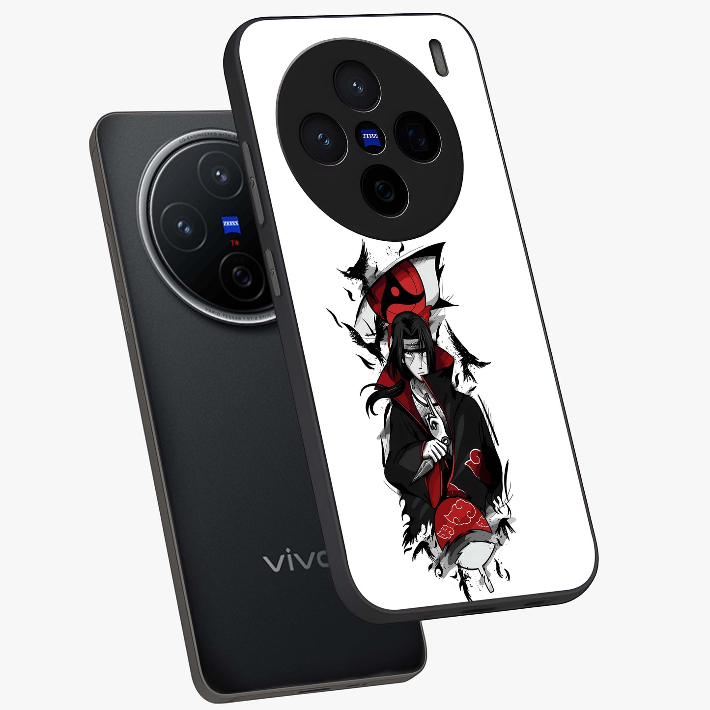 Itachi Limited Edition Naruto Anime Glass Case displayed in angled mockup highlighting dramatic anime illustration with bold action aesthetic.
