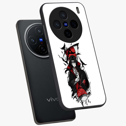 Itachi Limited Edition Naruto Anime Glass Case displayed in angled mockup highlighting dramatic anime illustration with bold action aesthetic.