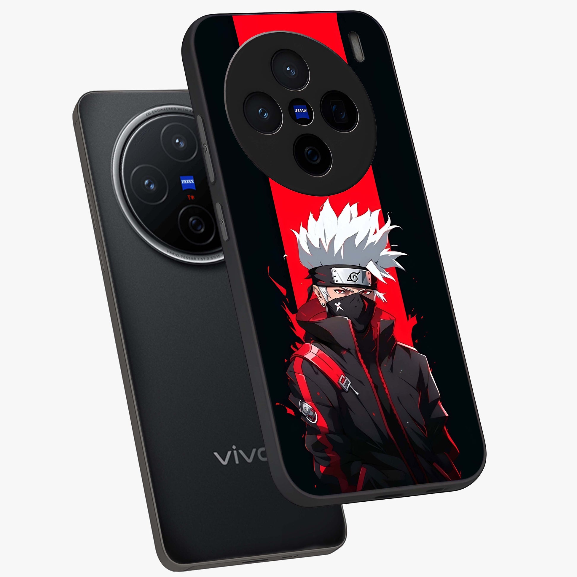 Kakashi Scarlet Shadow Glass Case displayed in angled mockup highlighting dramatic ninja illustration with scarlet themed aesthetic.