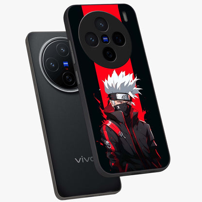 Kakashi Scarlet Shadow Glass Case displayed in angled mockup highlighting dramatic ninja illustration with scarlet themed aesthetic.