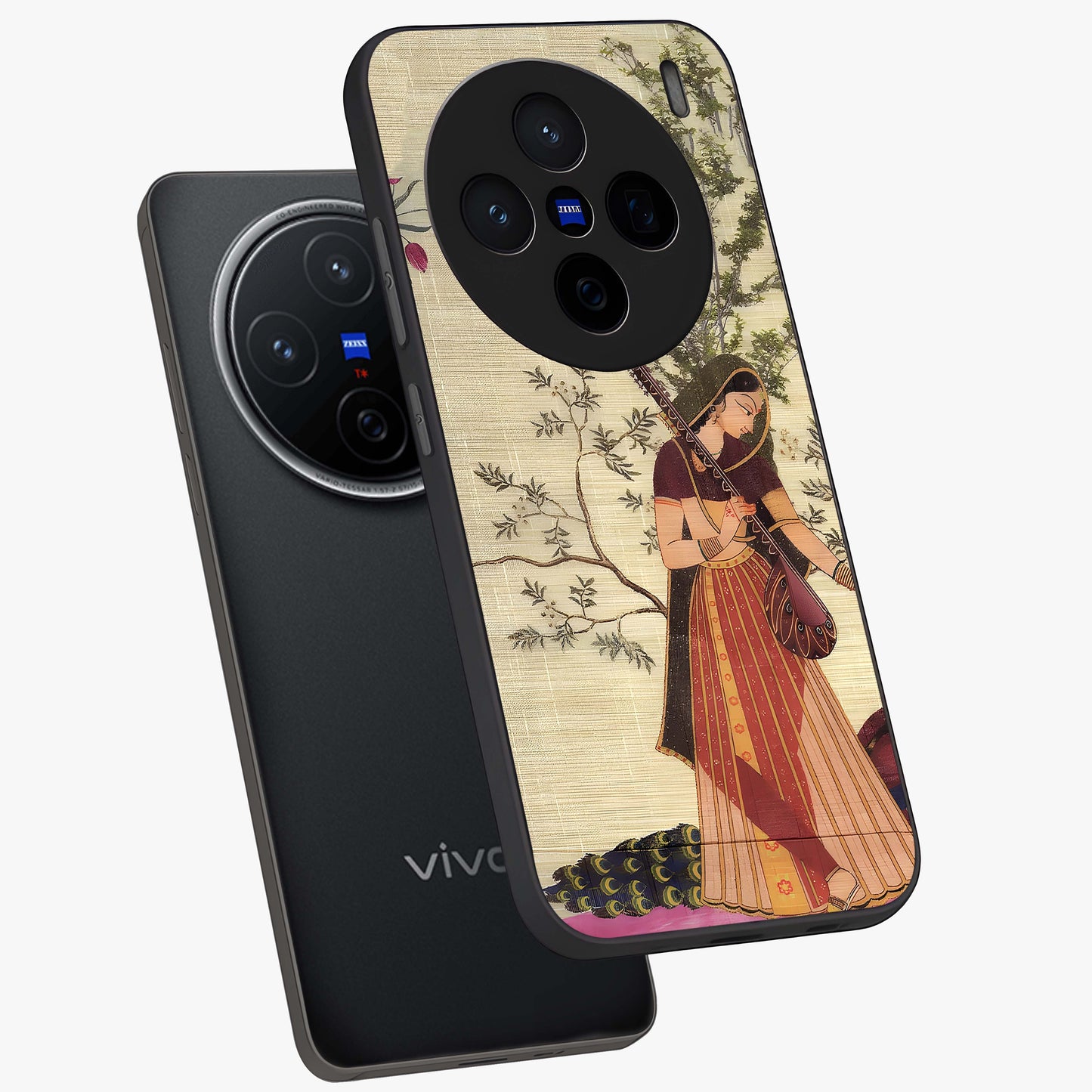 Lady With Veena Art Glass Case displayed in angled mockup highlighting graceful musical illustration with cultural artistic aesthetic.
