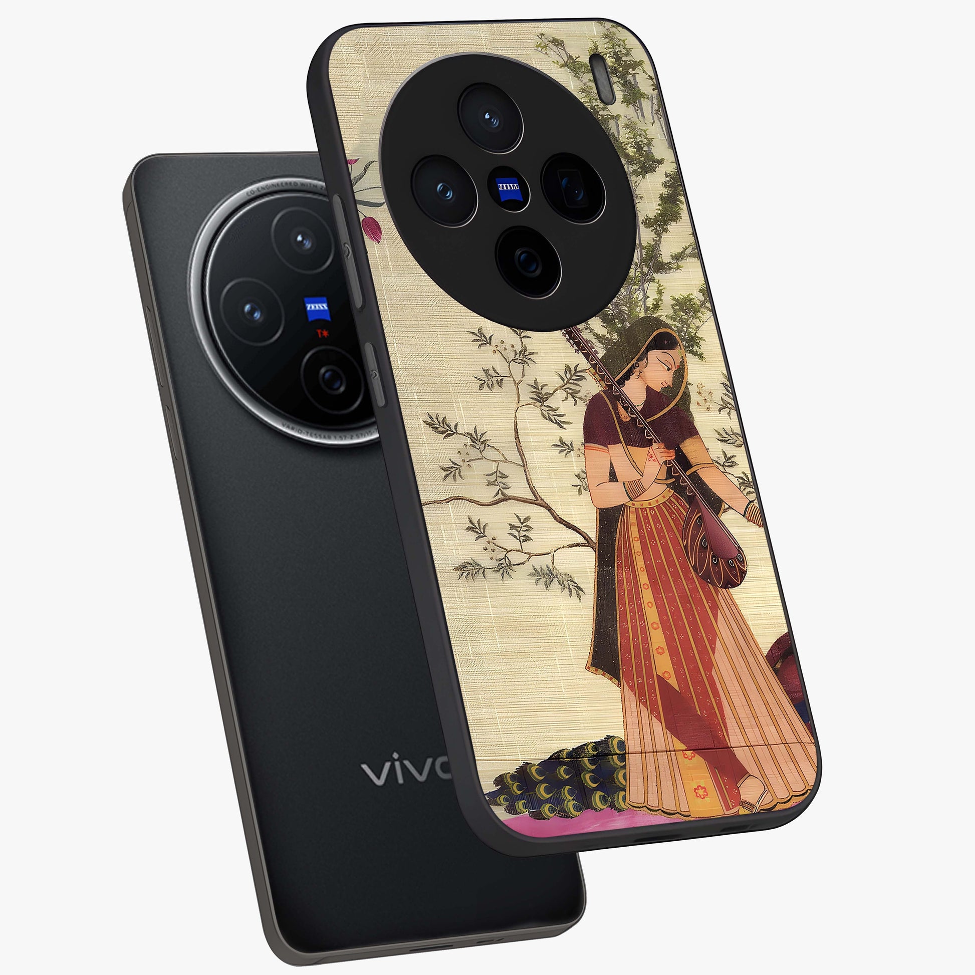 Lady With Veena Art Glass Case displayed in angled mockup highlighting graceful musical illustration with cultural artistic aesthetic.