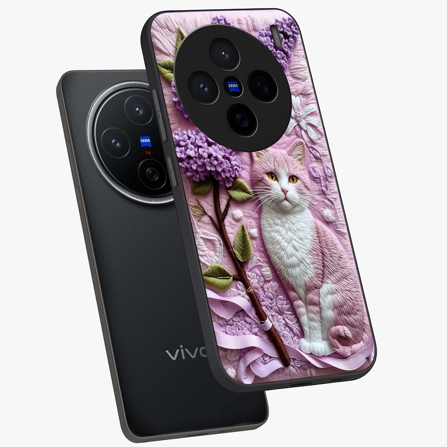 Lavender Cat Whimsy Glass Case displayed in angled mockup highlighting playful feline illustration with pastel lavender aesthetic.
