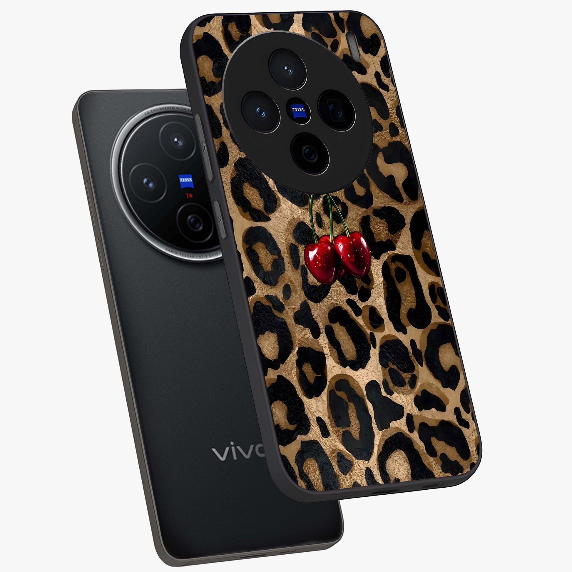 Leopard Wild Cherry Glass Case displayed in angled mockup highlighting bold animal print design with playful cherry aesthetic.
