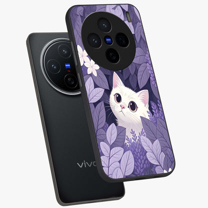 Lilac Hide Peek Cat Glass Case displayed in angled mockup highlighting playful feline illustration with lilac aesthetic design.