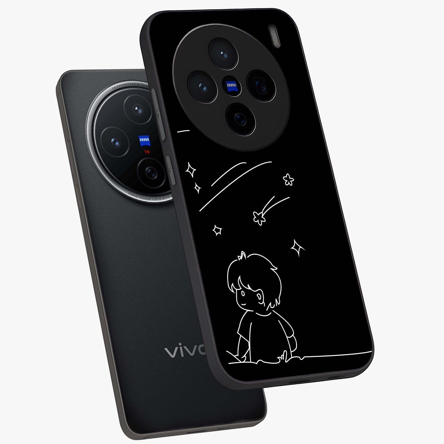 Line Art Boy With Shooting Stars Glass Case displayed in angled mockup highlighting elegant line art design with dreamy star aesthetic.