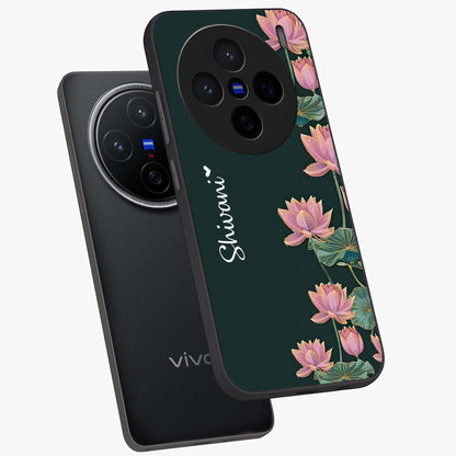 Lotus Bloom Serenity Custom Name Glass Case displayed in angled mockup highlighting graceful lotus illustration with custom name feature.