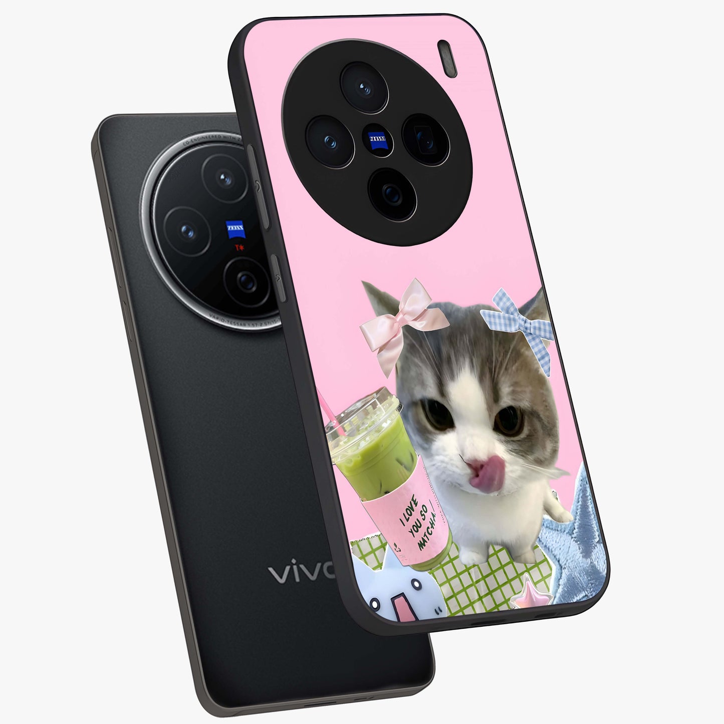 Love Matcha Cat Glass Case displayed in angled mockup highlighting playful feline illustration with cozy matcha aesthetic.