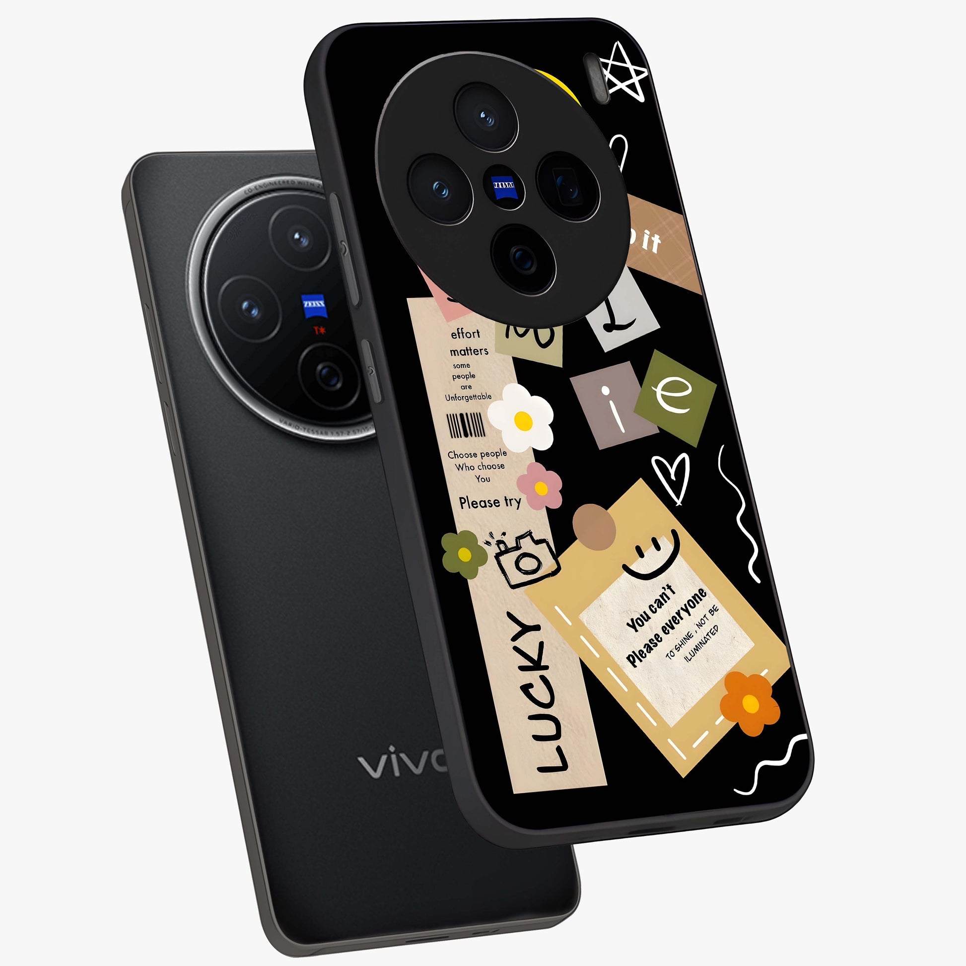 Lucky Aesthetic Collage Glass Case displayed in angled mockup highlighting stylish collage pattern with modern aesthetic vibe.