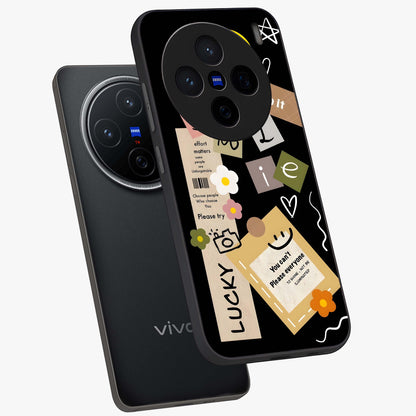 Lucky Aesthetic Collage Glass Case displayed in angled mockup highlighting stylish collage pattern with modern aesthetic vibe.