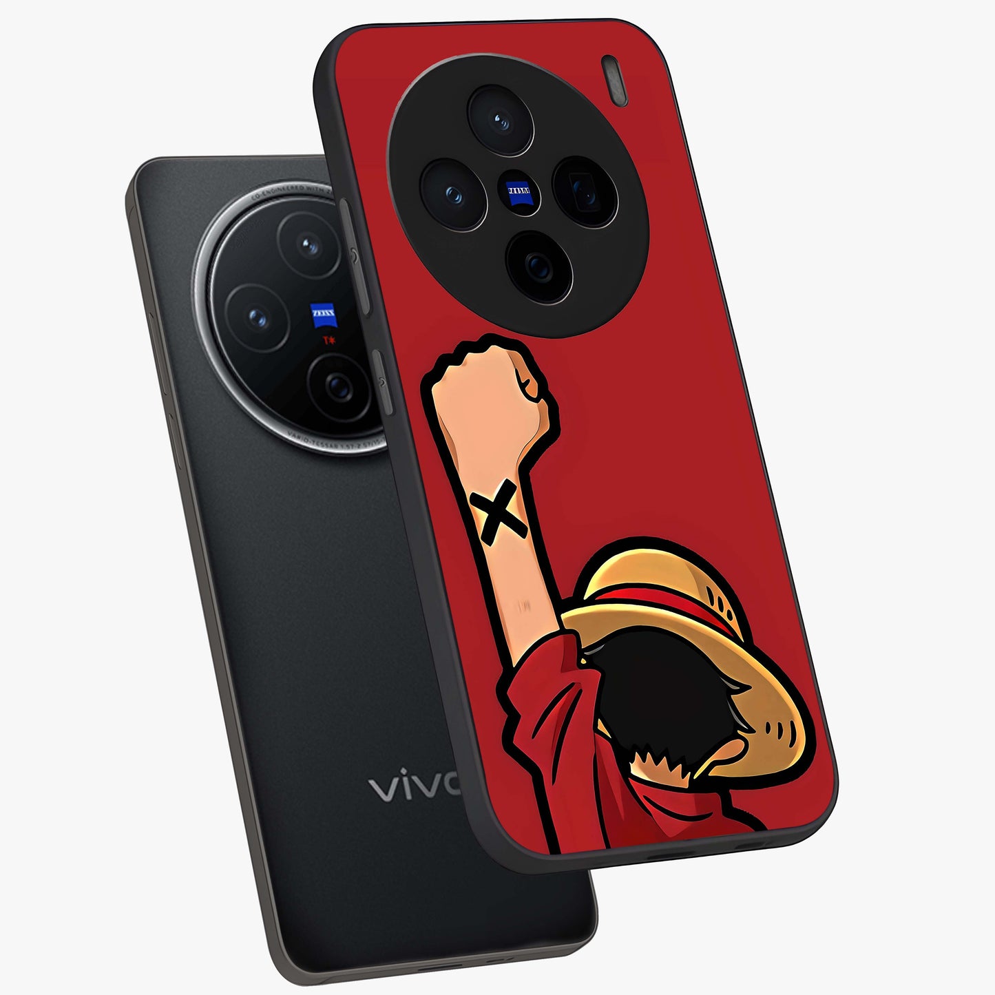Luffy X Spirit Glass Case displayed in angled mockup highlighting powerful anime design with energetic action aesthetic.