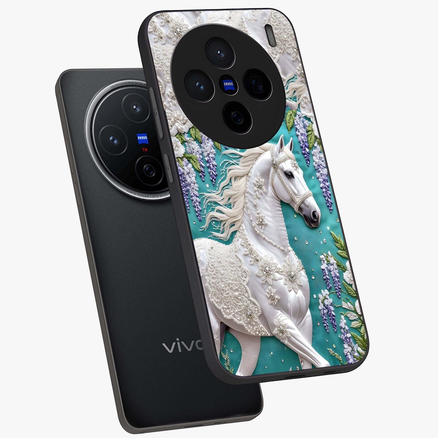 Majestic Floral Stallion Glass Case displayed in angled mockup highlighting majestic stallion illustration with elegant floral aesthetic.
