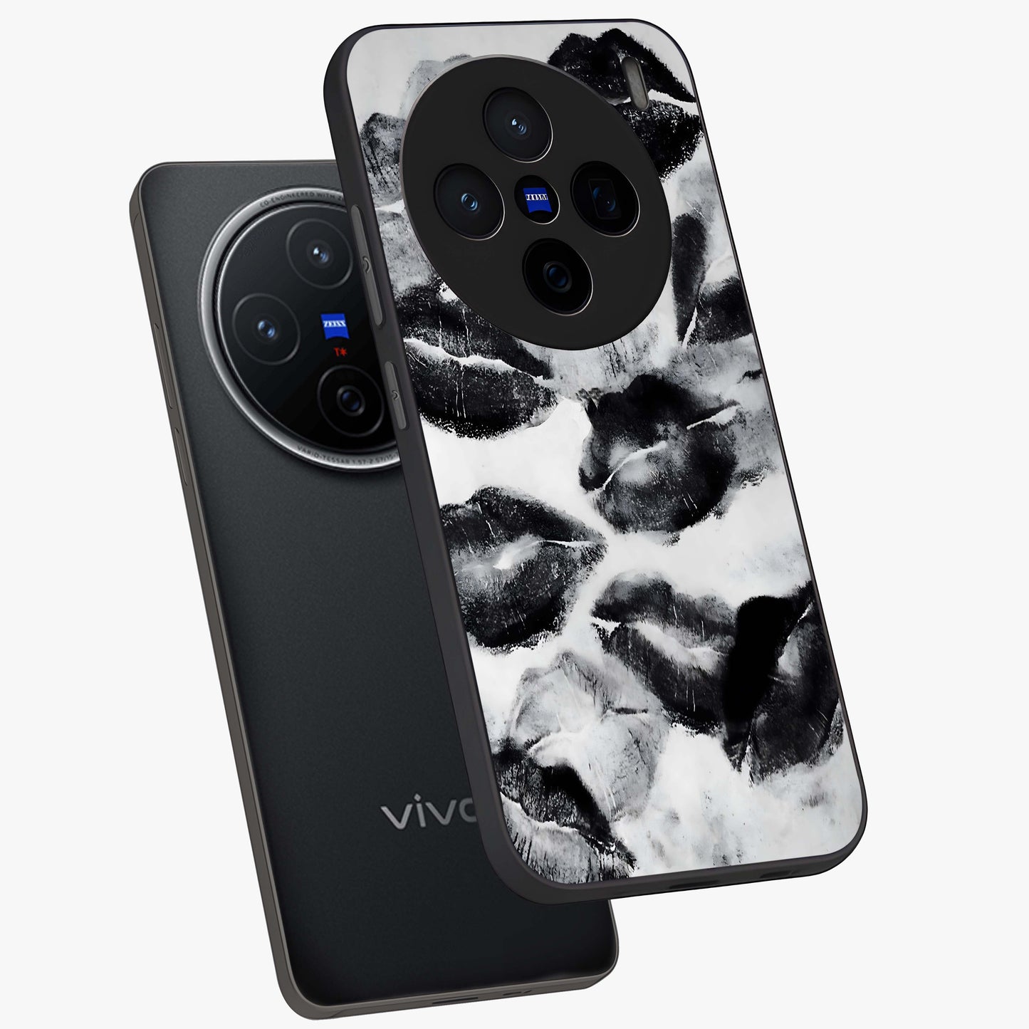 Midnight Kiss Marks Glass Case displayed in angled mockup highlighting playful romantic design with bold midnight aesthetic.