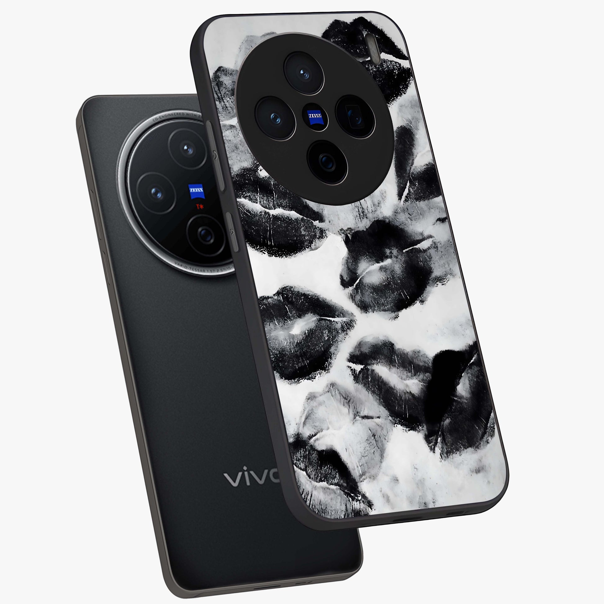 Midnight Kiss Marks Glass Case displayed in angled mockup highlighting playful romantic design with bold midnight aesthetic.