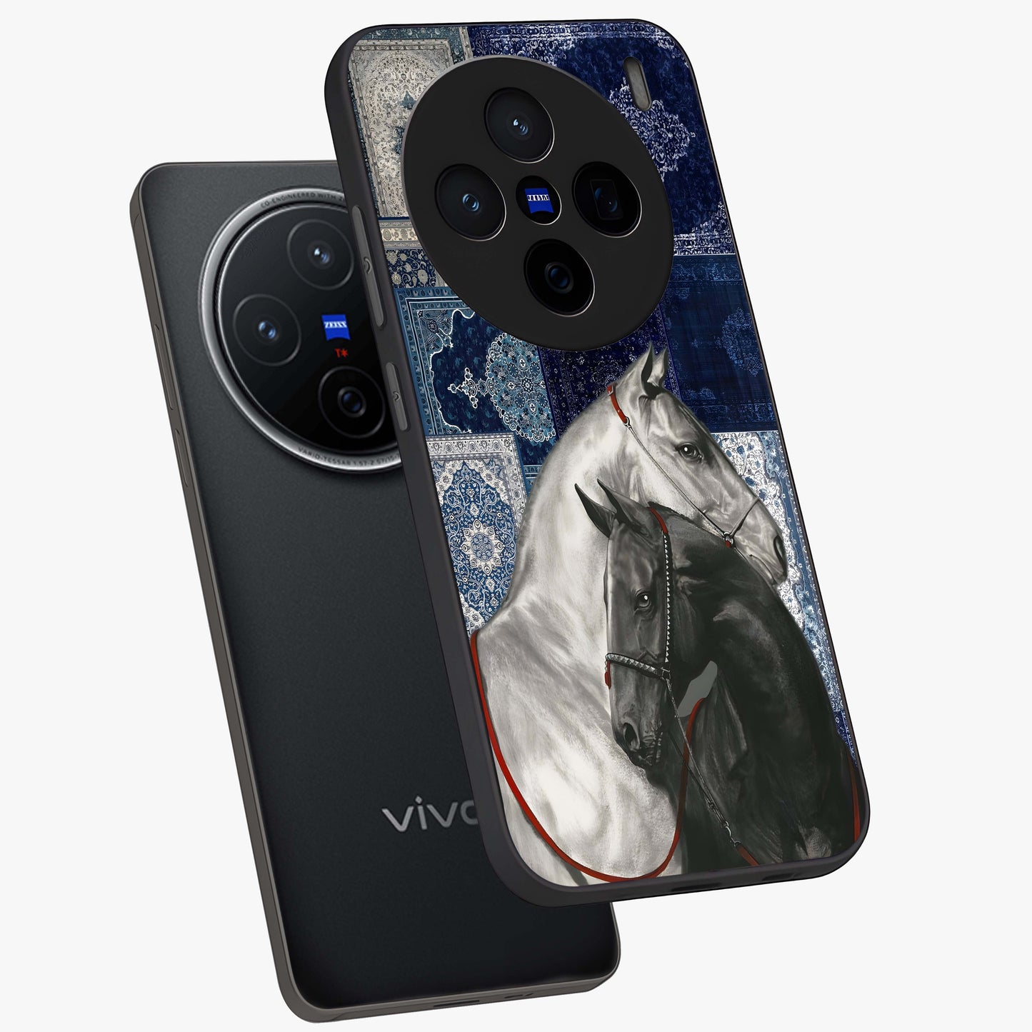 Midnight Stallion Blues Glass Case displayed in angled mockup highlighting powerful stallion illustration with deep midnight tones.