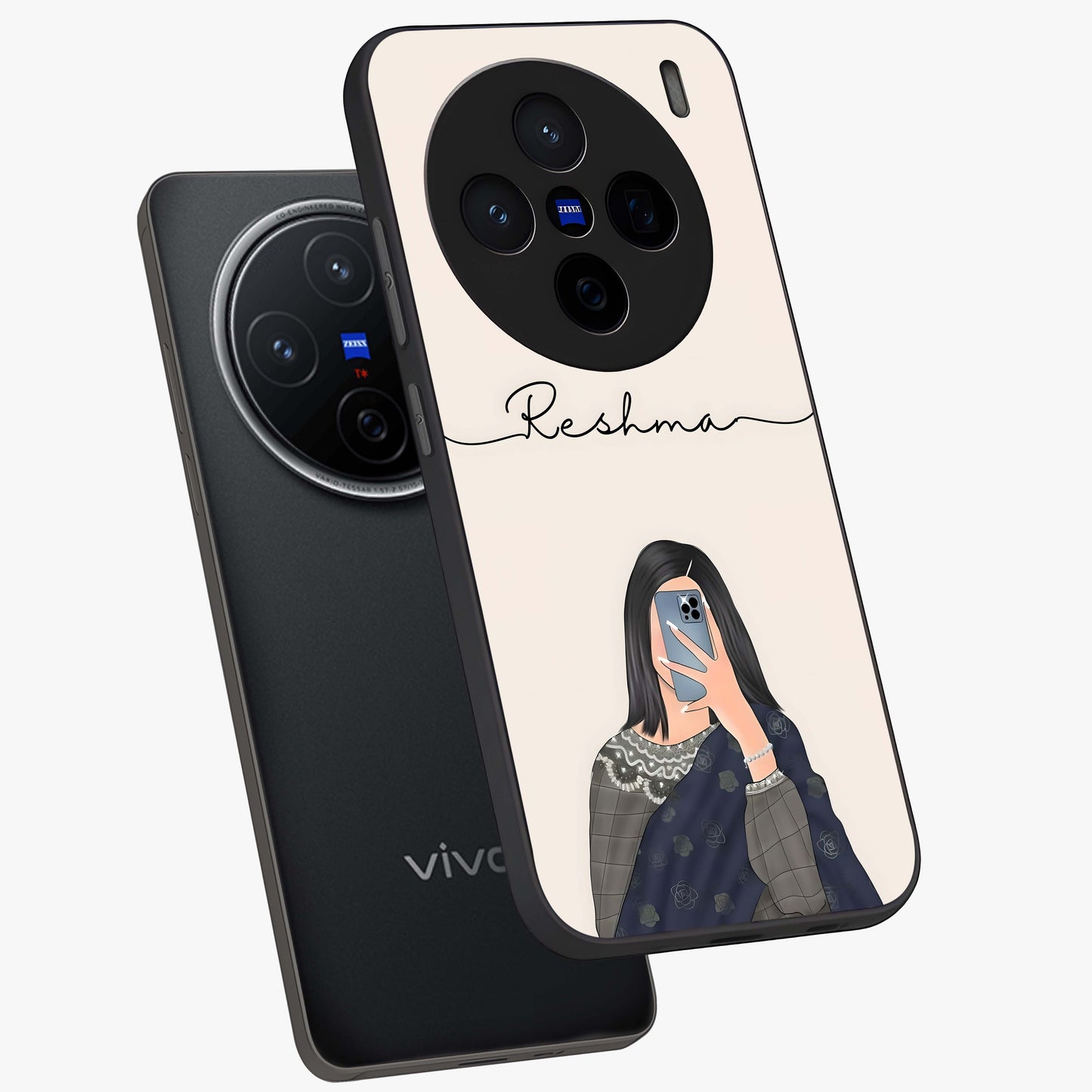 Mirror Mood Muse With Custom Name Glass Case displayed in angled mockup highlighting aesthetic mirror inspired design with custom name feature.