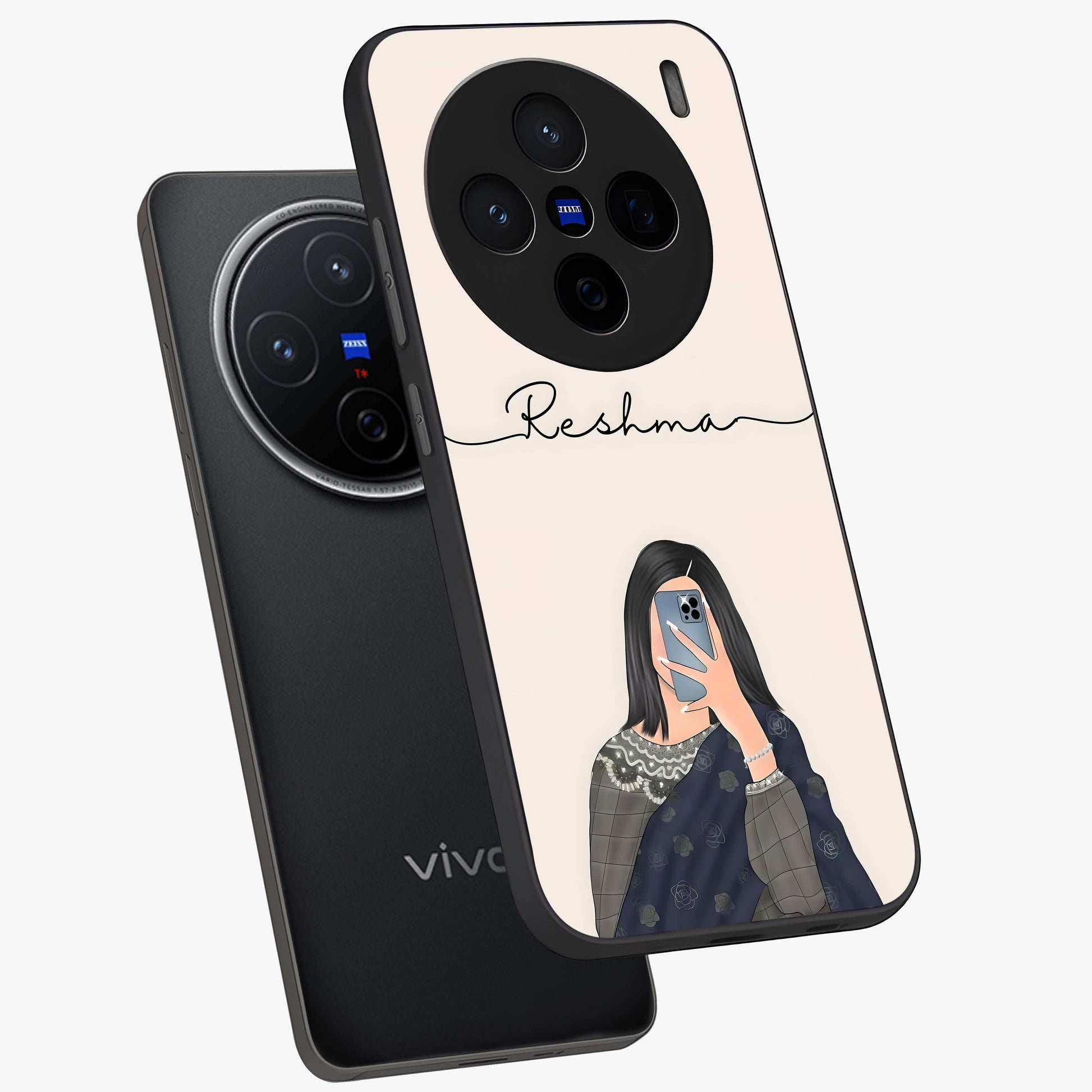 Mirror Mood Muse With Custom Name Glass Case displayed in angled mockup highlighting aesthetic mirror inspired design with custom name feature.