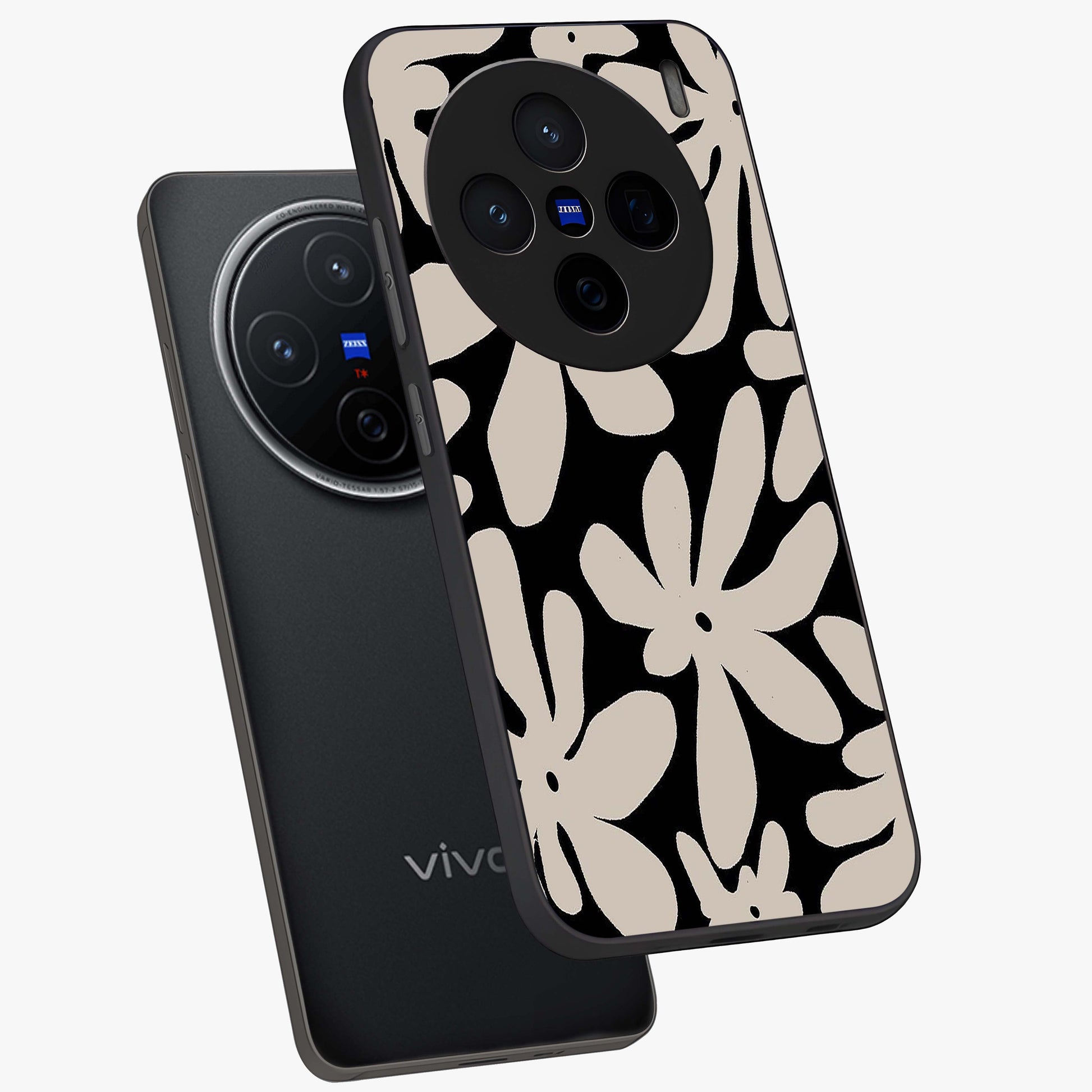 Monochrome Petal Dance Glass Case displayed in angled mockup highlighting elegant petal design with black and white aesthetic.