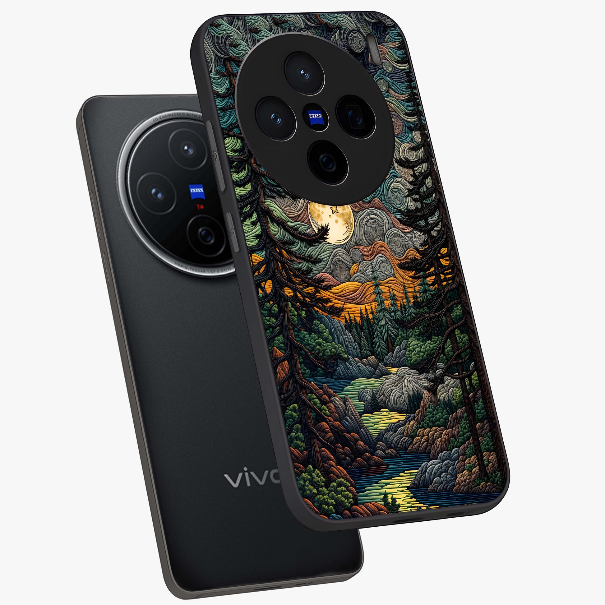 Moonlight Forest Dream Glass Case displayed in angled mockup highlighting dreamy forest design with glowing moon aesthetic.