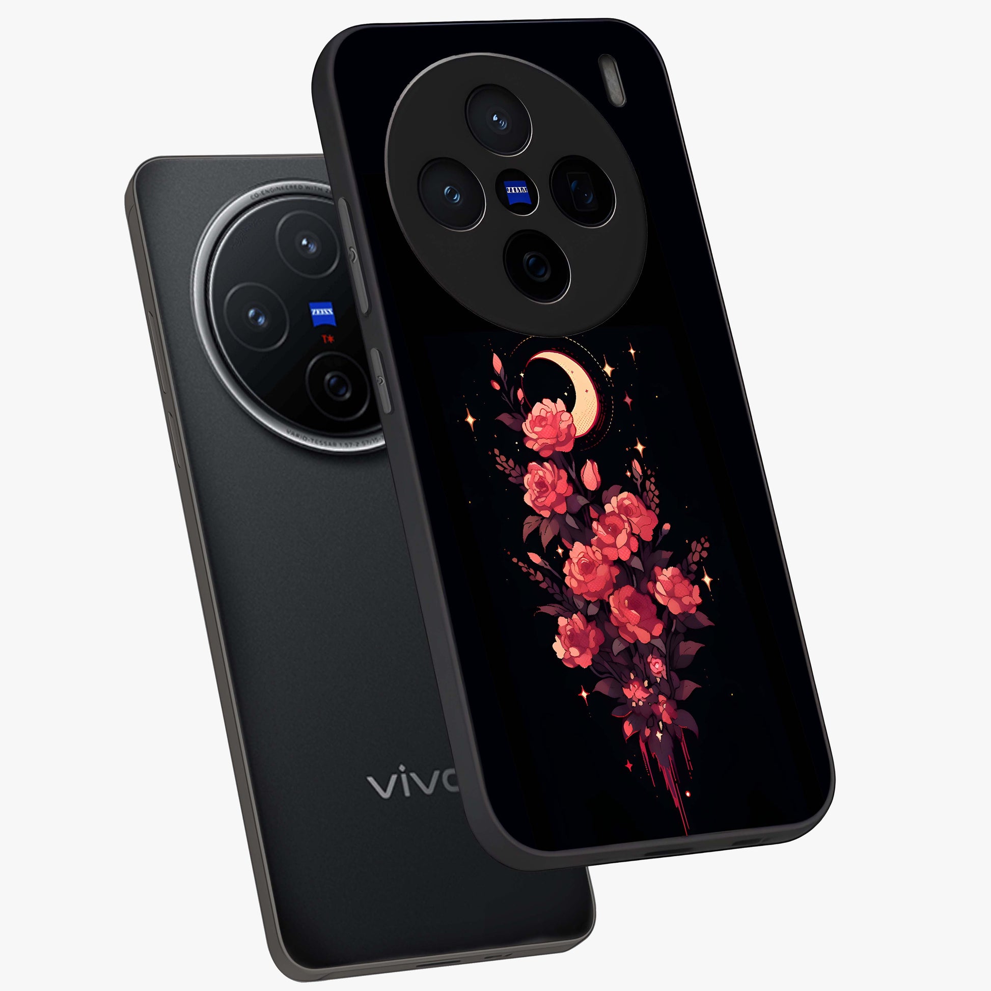 Moonlit Floral Elegance Glass Case displayed in angled mockup highlighting graceful flower design with soft moonlight aesthetic.