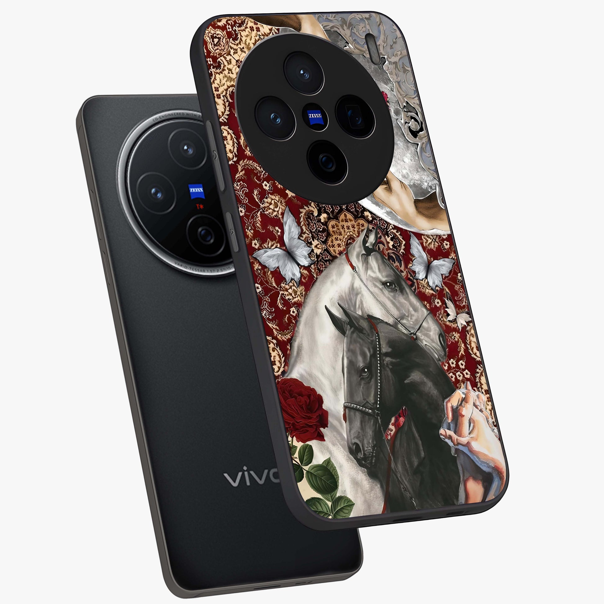 Moonlit Royal Stallion Glass Case displayed in angled mockup highlighting powerful stallion illustration with royal night aesthetic.