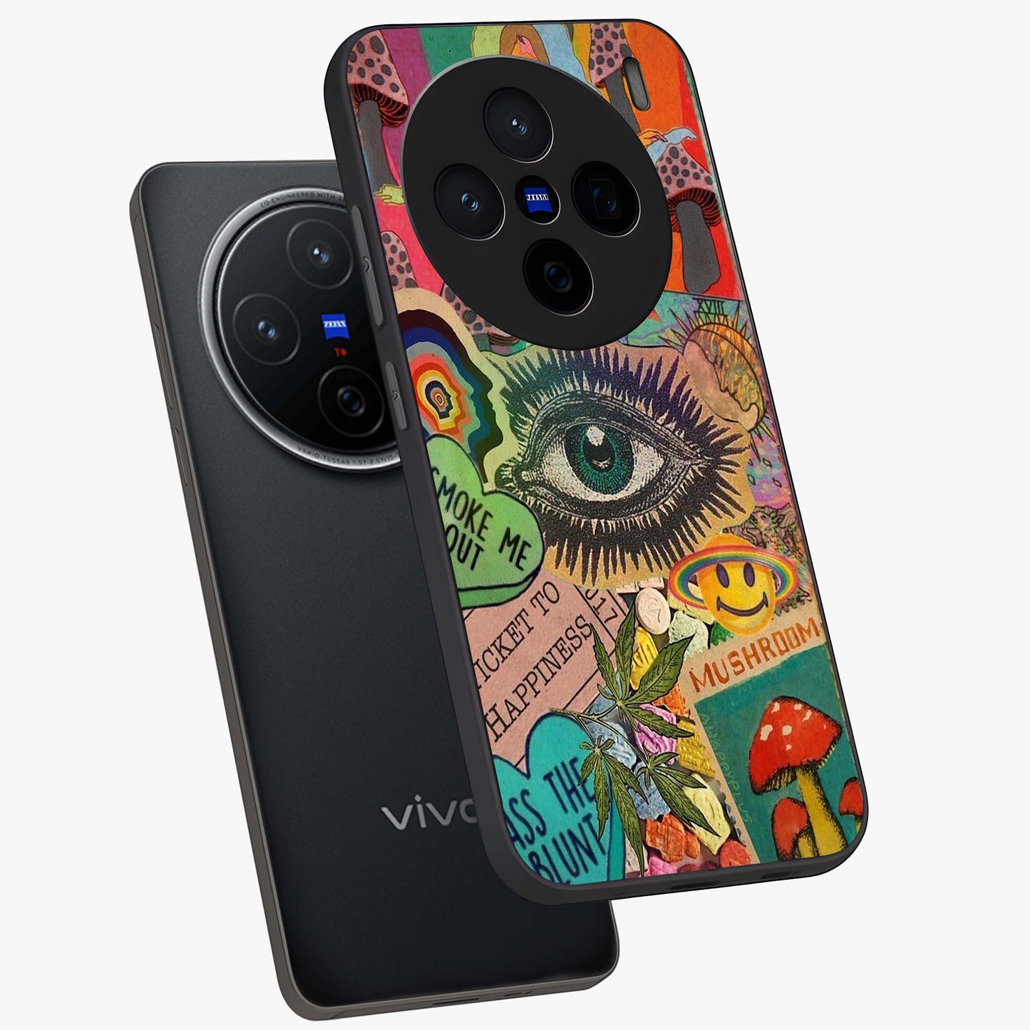 Mystic Eye Wonderland Glass Case displayed in angled mockup highlighting magical eye illustration with dreamy aesthetic.