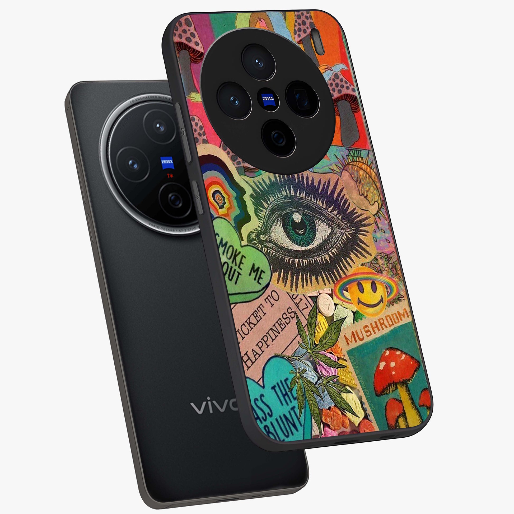 Mystic Eye Wonderland Glass Case displayed in angled mockup highlighting magical eye illustration with dreamy aesthetic.