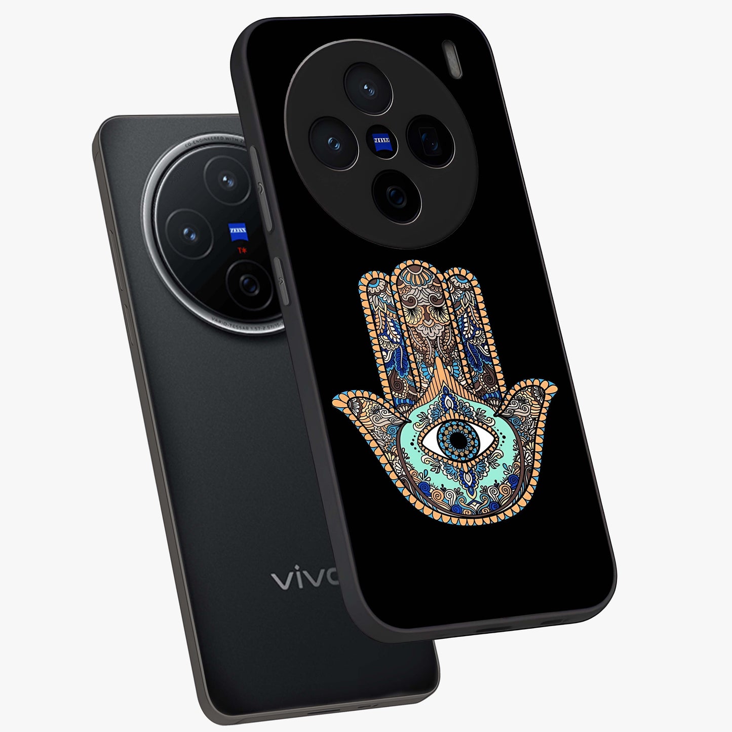 Mystic Hamsa Eye Glass Case displayed in angled mockup highlighting spiritual hamsa symbol with mystical aesthetic style.