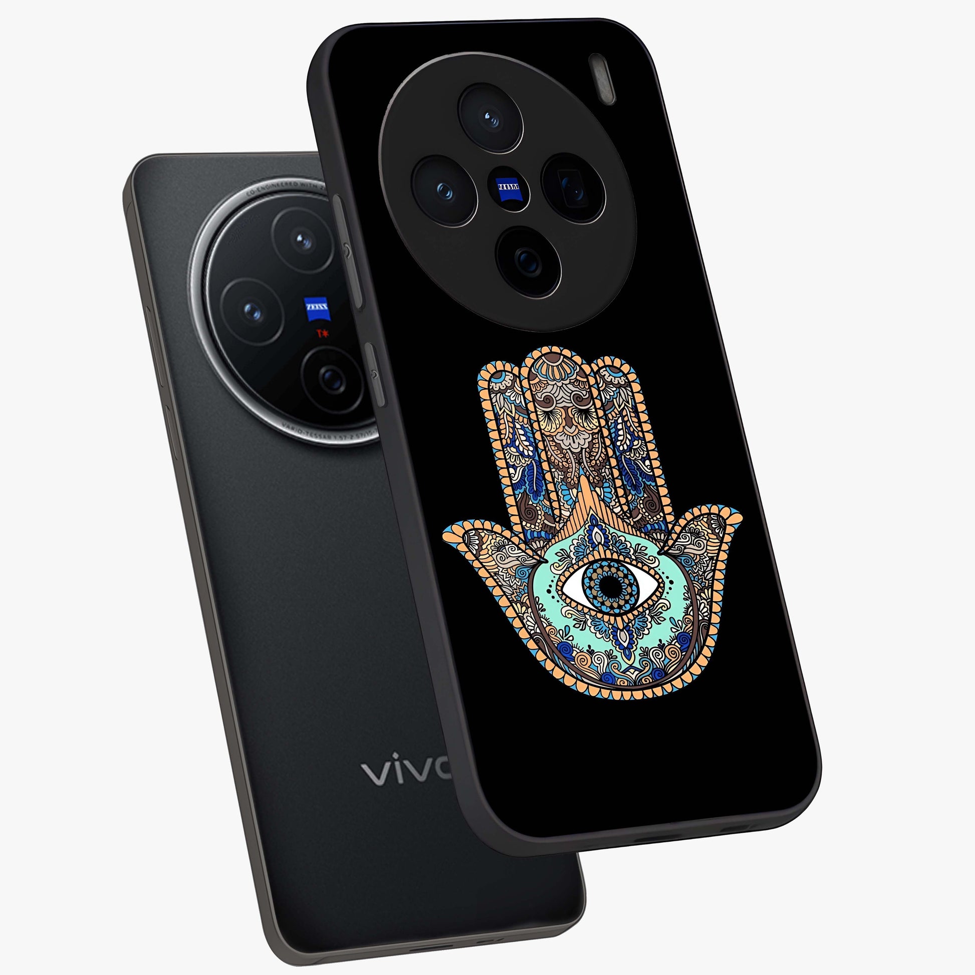 Mystic Hamsa Eye Glass Case displayed in angled mockup highlighting spiritual hamsa symbol with mystical aesthetic style.
