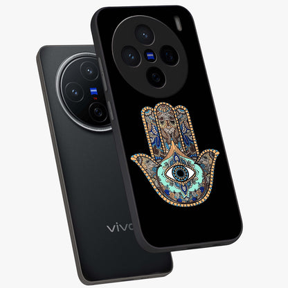 Mystic Hamsa Eye Glass Case displayed in angled mockup highlighting spiritual hamsa symbol with mystical aesthetic style.