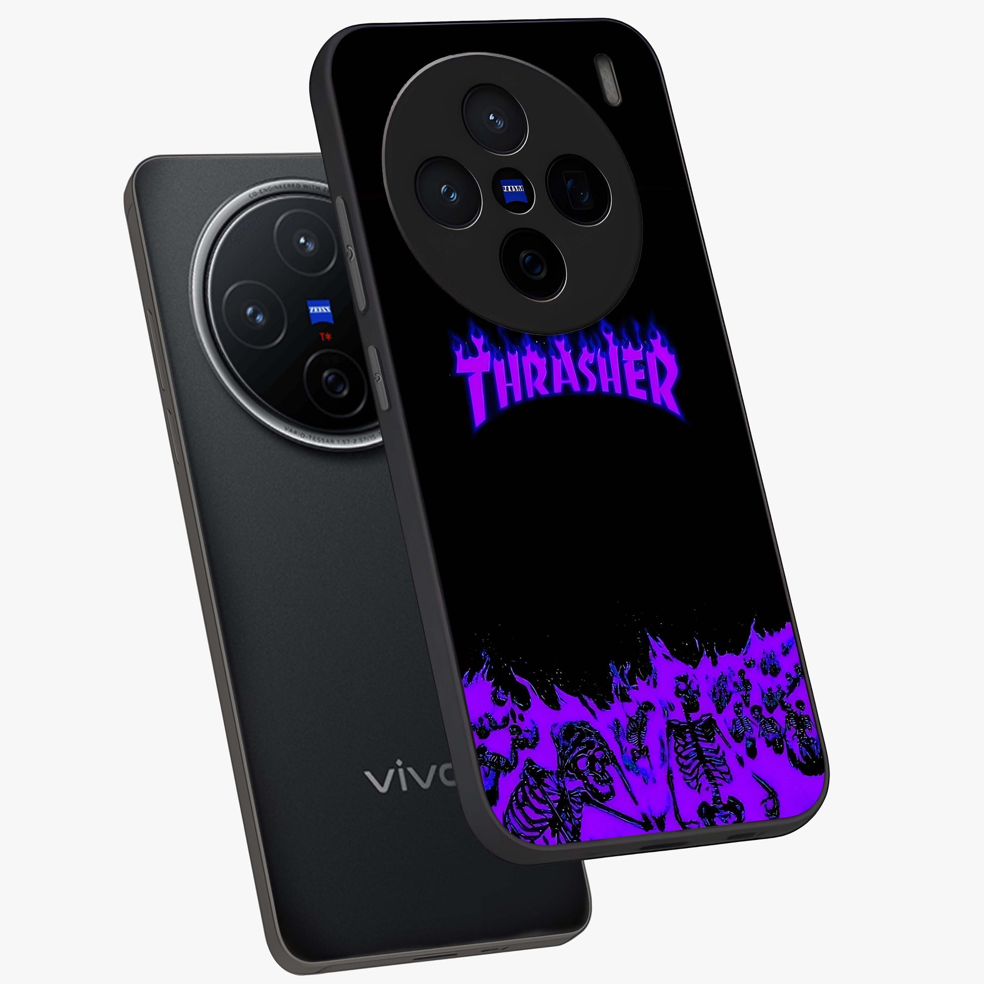 Neon Flame Riot Glass Case displayed in angled mockup highlighting glowing flame design with vibrant neon aesthetic.
