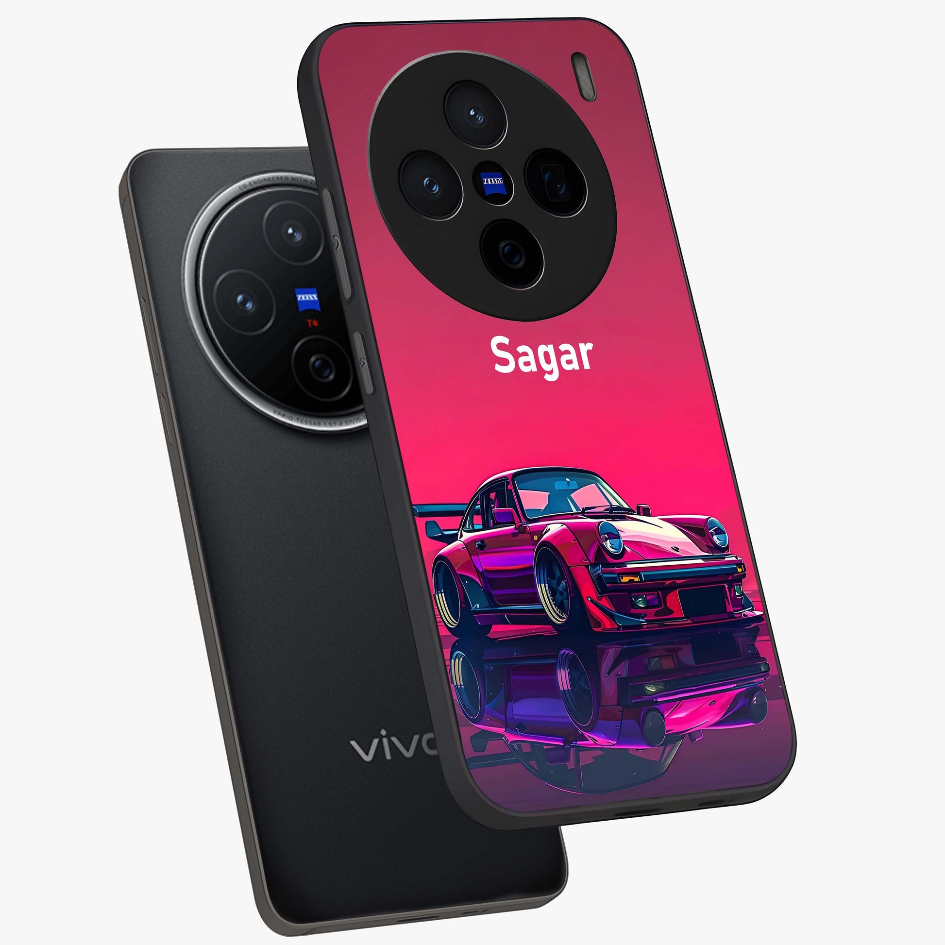Neon Pink Porsche Glass Case displayed in angled mockup highlighting sleek neon pink car design with racing aesthetic.