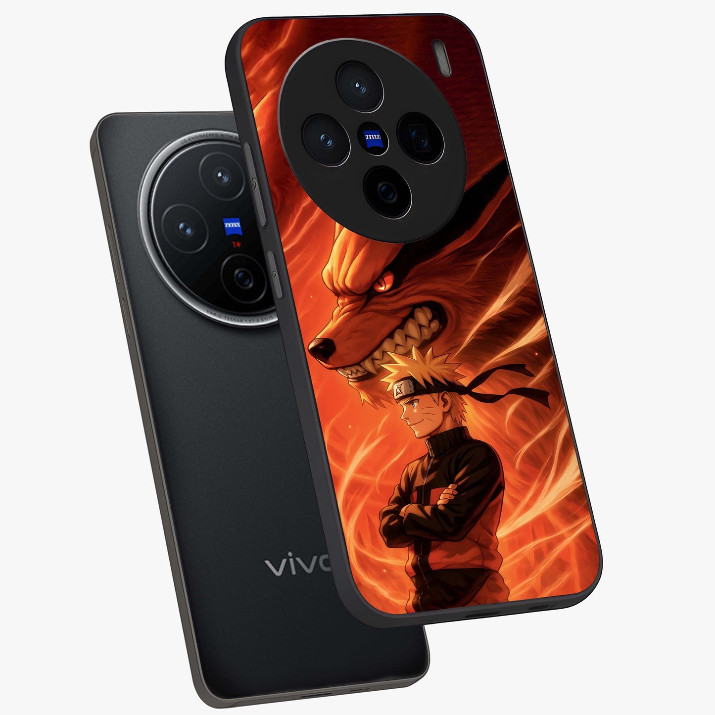 Nine Tails Legacy Glass Case displayed in angled mockup highlighting dynamic anime beast illustration with bold mystical aesthetic.