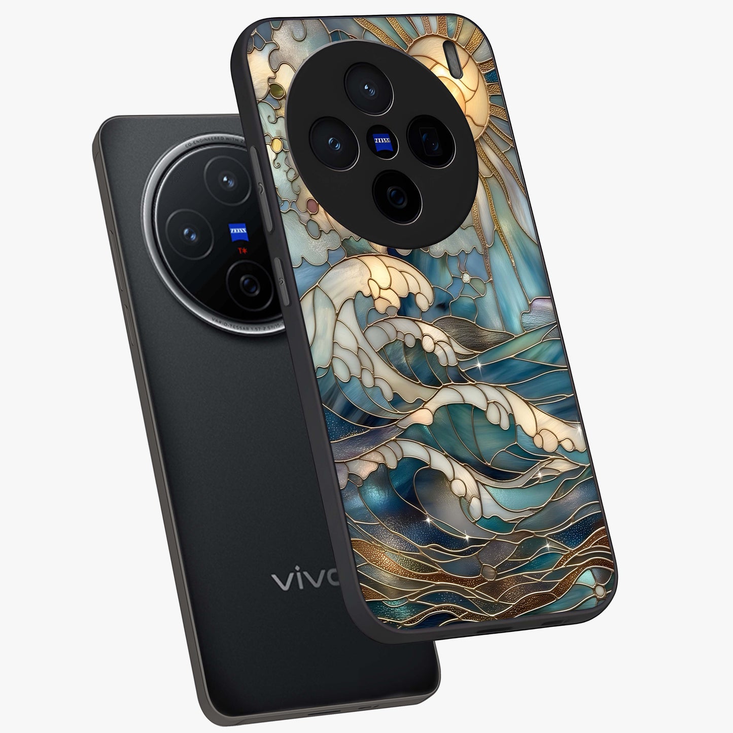 Oceanic Stained Printed Glass Case displayed in angled mockup highlighting colorful aquatic design with artistic aesthetic style.