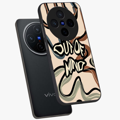 Out Of Mind Glass Case displayed in angled mockup highlighting bold statement design with modern artistic aesthetic.