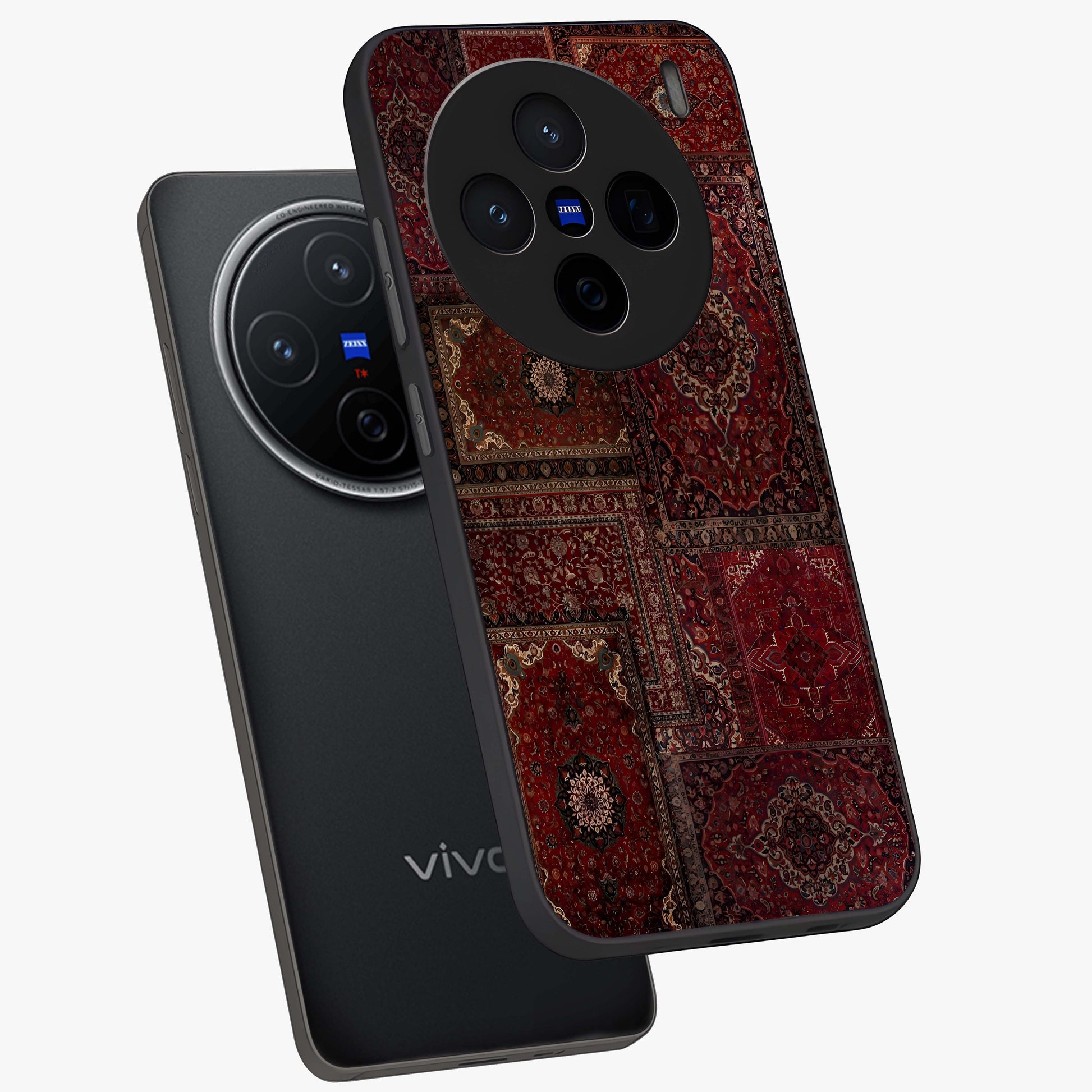 Persian Velvet Tale Glass Case displayed in angled mockup highlighting ornate textile inspired design with royal aesthetic.