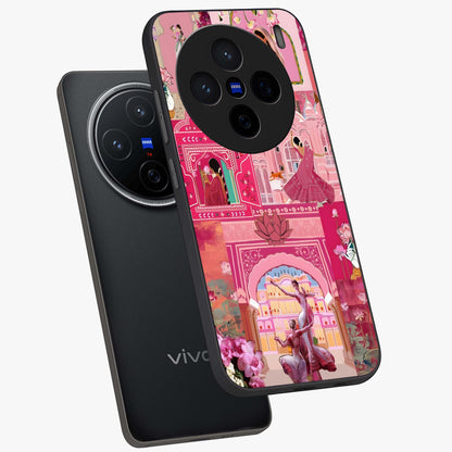 Pink Palace Muse Glass Case displayed in angled mockup highlighting dreamy palace illustration with soft pink aesthetic.