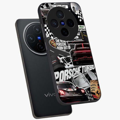 Porsche Racing Collage Glass Case displayed in angled mockup highlighting dynamic automotive design with bold racing aesthetic.