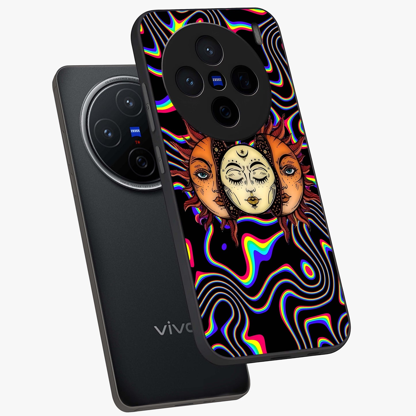Psychedelic Sun Glass Case displayed in angled mockup highlighting vibrant abstract sun design with artistic aesthetic style.