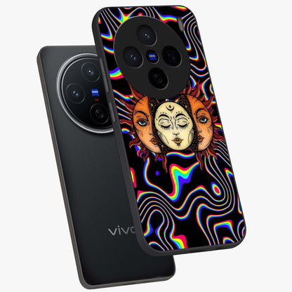 Psychedelic Sun Glass Case displayed in angled mockup highlighting vibrant abstract sun design with artistic aesthetic style.