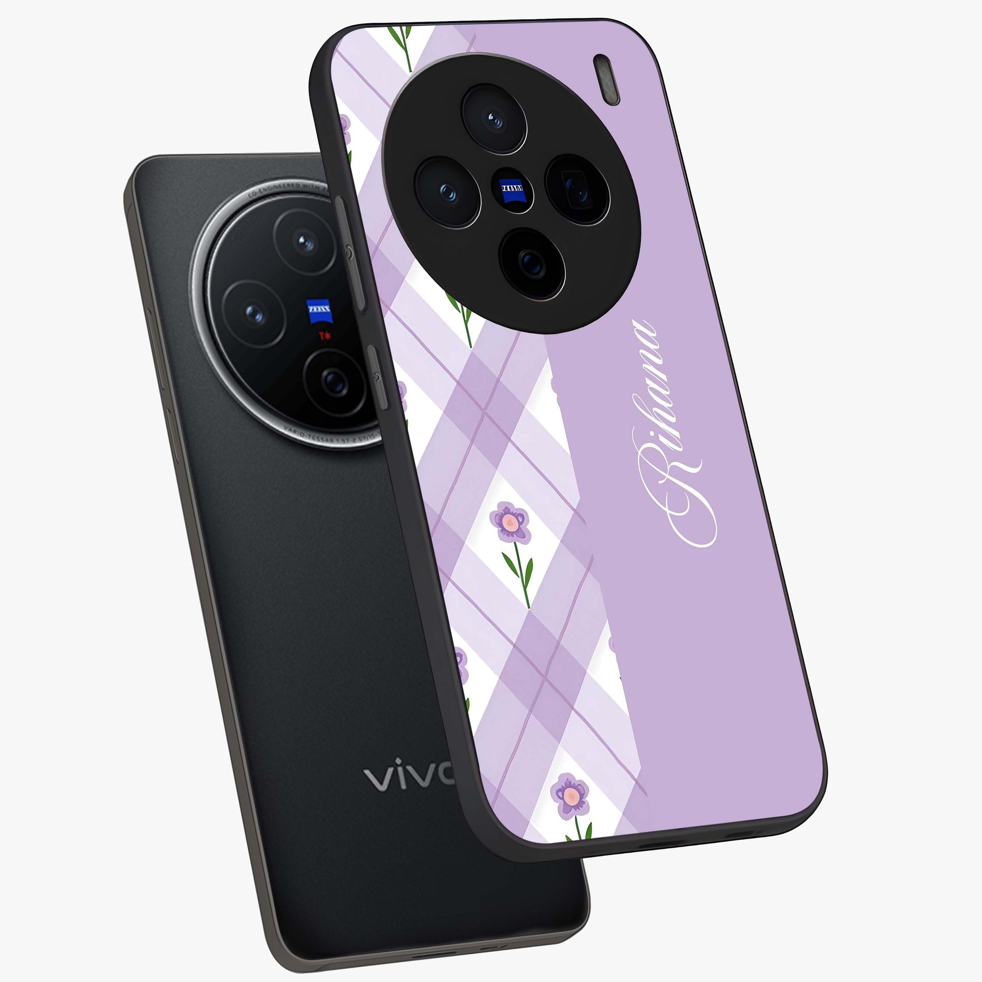 Purple Diamond Floral Glass Case displayed in angled mockup highlighting elegant purple flower design with decorative pattern.