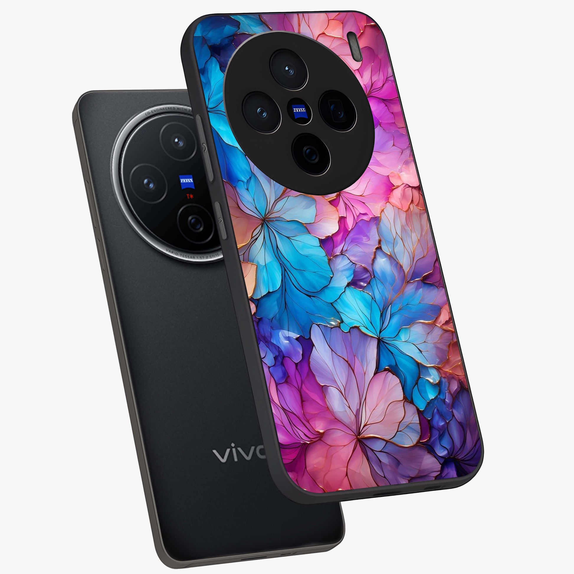 Radiant Floral Whirl Glass Case displayed in angled mockup highlighting vibrant flower pattern with dynamic artistic aesthetic.