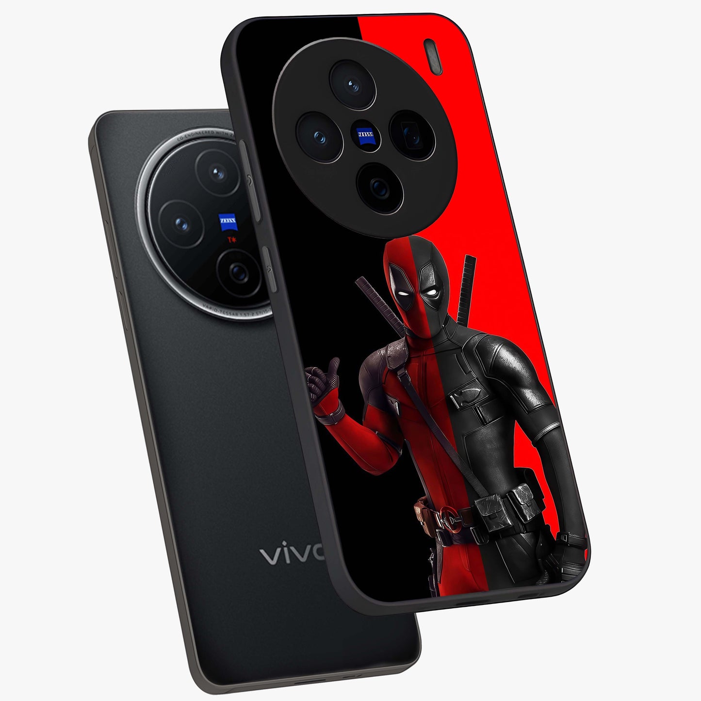 Red & Black Deadpool Theme Glass Case displayed in angled mockup highlighting vibrant superhero style illustration with action aesthetic.
