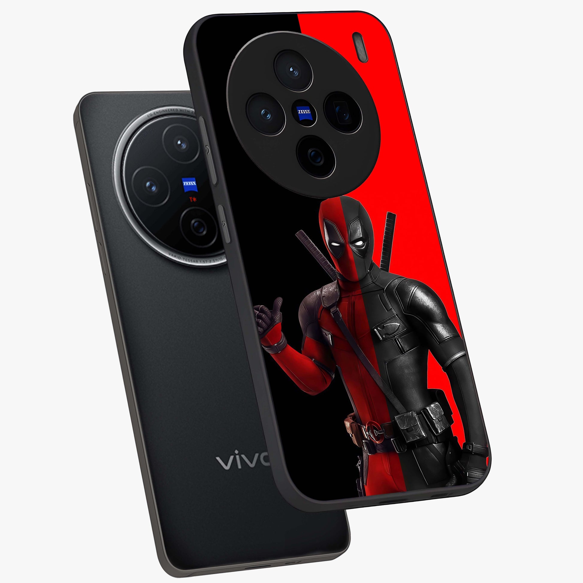 Red & Black Deadpool Theme Glass Case displayed in angled mockup highlighting vibrant superhero style illustration with action aesthetic.