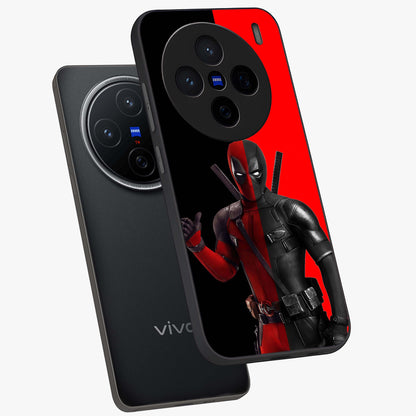 Red & Black Deadpool Theme Glass Case displayed in angled mockup highlighting vibrant superhero style illustration with action aesthetic.