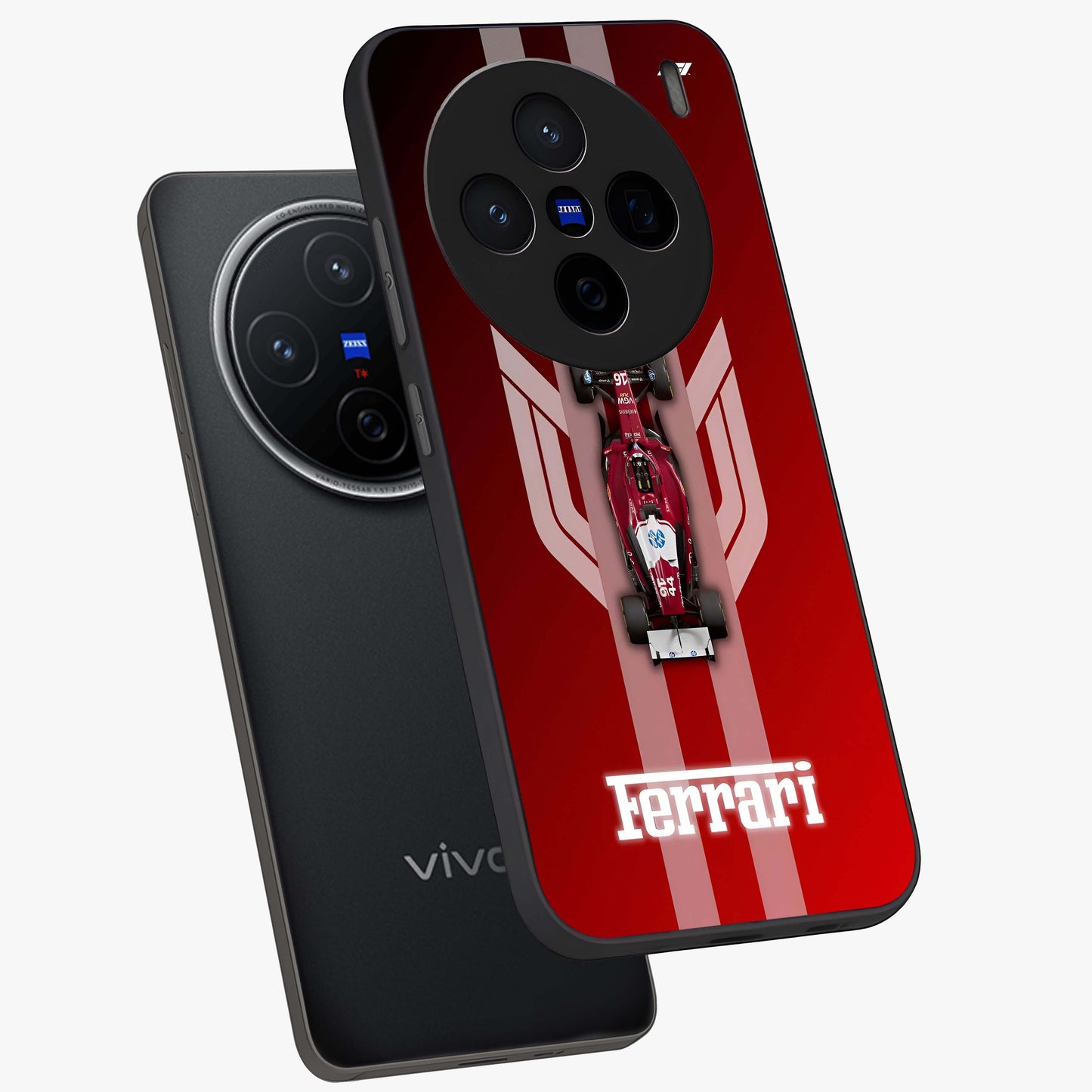 Red Ferrari F1 Vertical Glass Case displayed in angled mockup highlighting high speed racing design with bold automotive aesthetic.